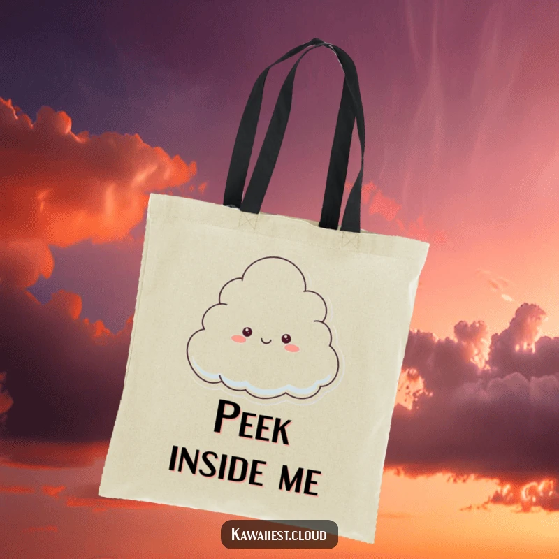 Funny Tote Bag illustrating a playful cloud character peeking from behind a larger cloud, perfect for carrying your fun finds.
