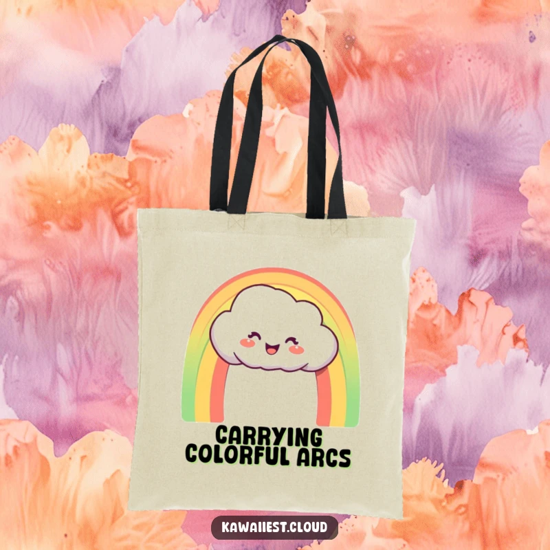 Funny Tote Bag: Delighted cloud character creating a perfect, vibrant rainbow arch, perfect for carrying color.