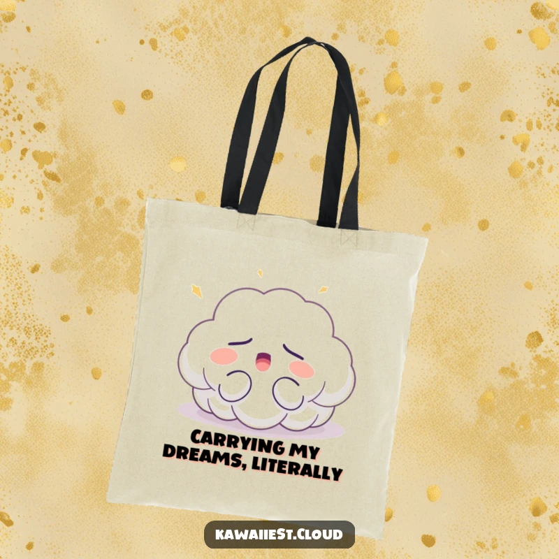 Funny sleepy cloud tote bag character yawning with eyes shut, bathed in soft light, showcasing a calm, sleepy, and content mood.