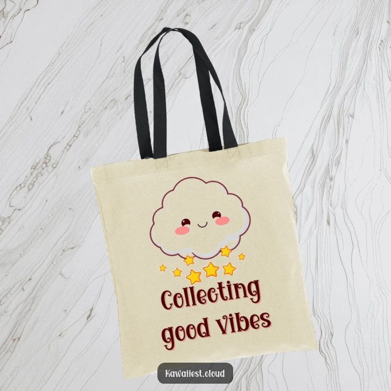 Funny tote bag with a rosy-cheeked cloud character joyfully throwing a handful of glittery stars. Whimsical and practical.