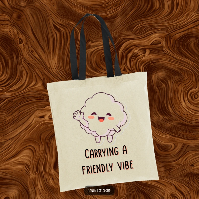 Funny Tote Bag printed with a happy cloud character giving a large, enthusiastic, and friendly wave.